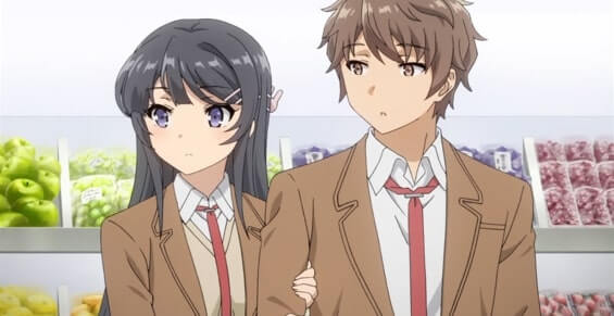 Casal de protagonistas, Sakuta e Mai, conversando