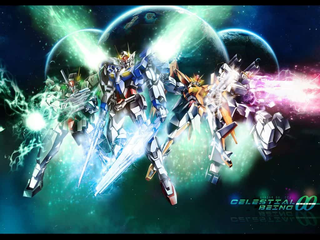 Gundam 00, robos em pose para foto