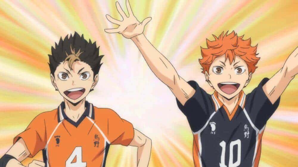 Hinata e Nishinoya felizes, de Haikyuu