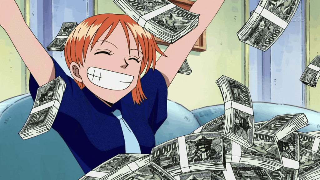 Nami de One Piece feliz com dinheiro