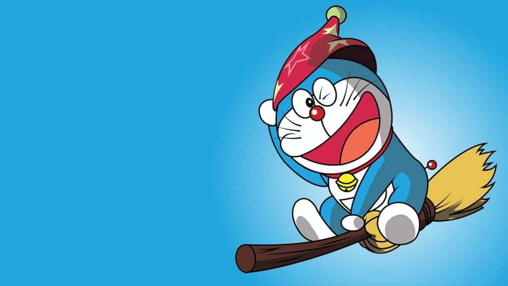 Doraemon, voando numa vassoura