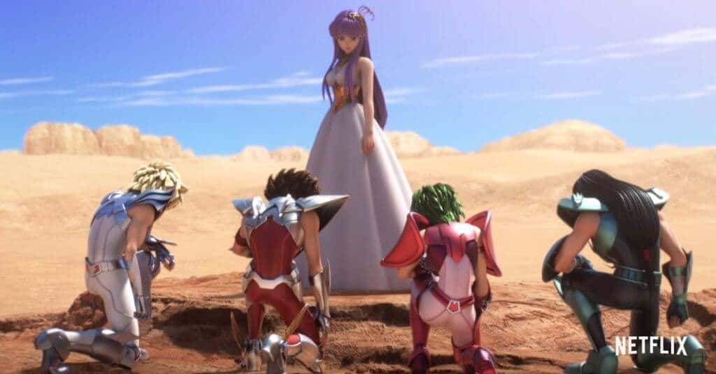 Saori e os Cavaleiros ajoelhados, no meio do deserto