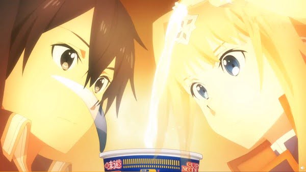 Kirito e Alice com Cup Noodles brilhando