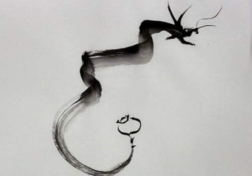 Desenho Chinês chamado sumi-ê, com um Dragão