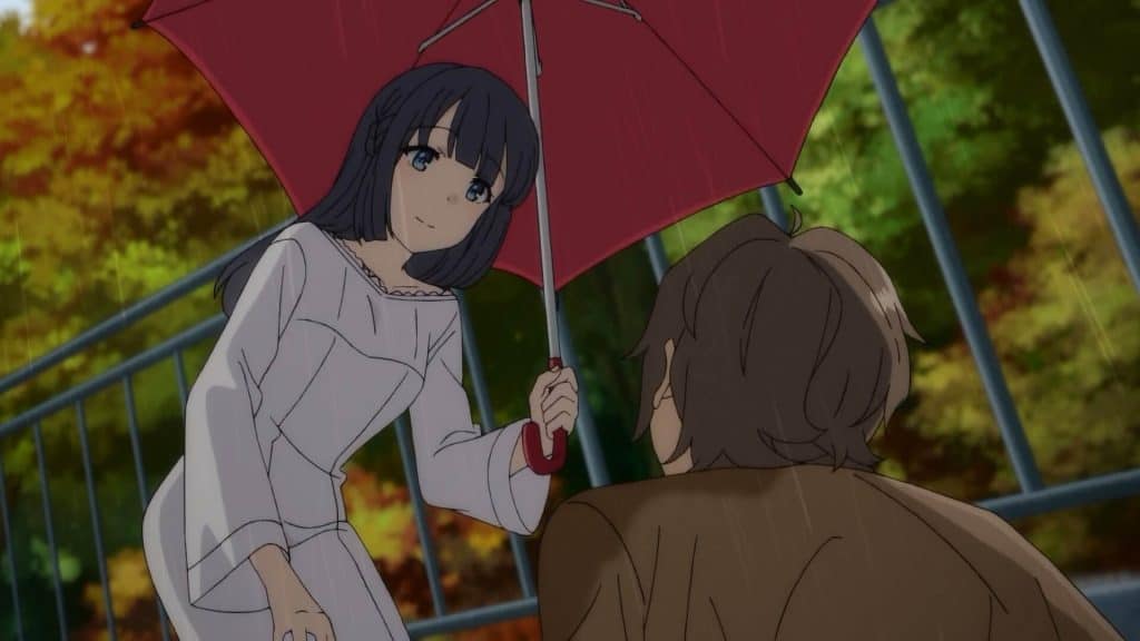 Makinohara Shouko e Sakuta, na chuva, em Bunny Girl