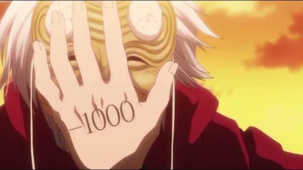 Protagonista de Plunderer com a mão no rosto mostrando -1000 na mão