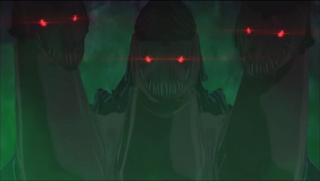 Bofuri - Dragão de três cabeças com os olhos vermelhos com uma fumaça verde ao redor dele