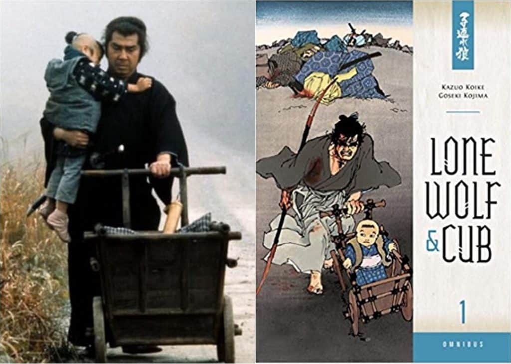 Live-action, a direita samurai carregando seu filho empurrando um carrinho, capa do manga a esquerda