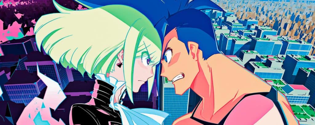 Lio e Galo se enfrentando personagens de promare