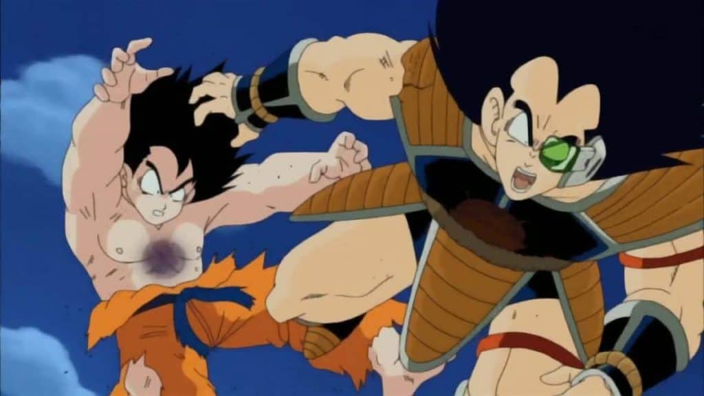Dragon Ball com censura com Goku e Raditz lutando no ar