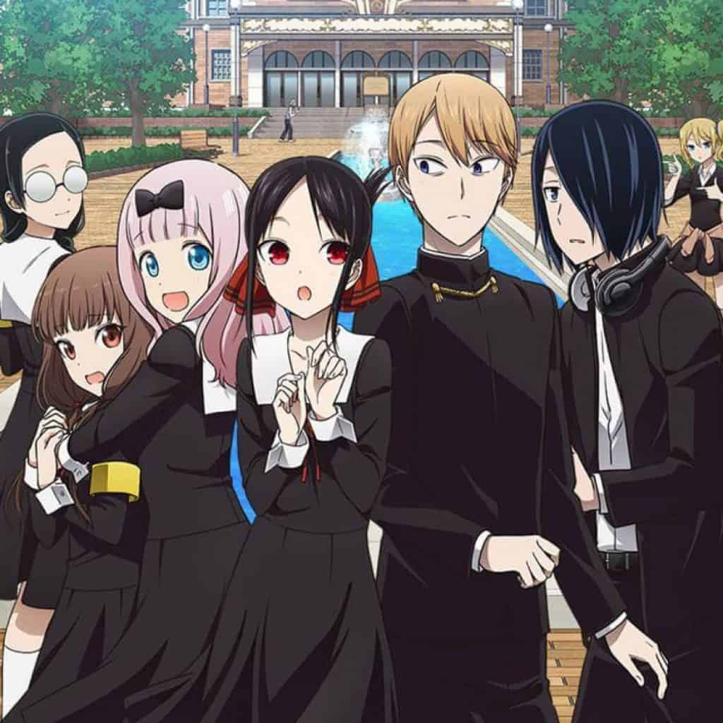 Kaguya-sama 2ª temporada visual capa com elenco reunido para foto