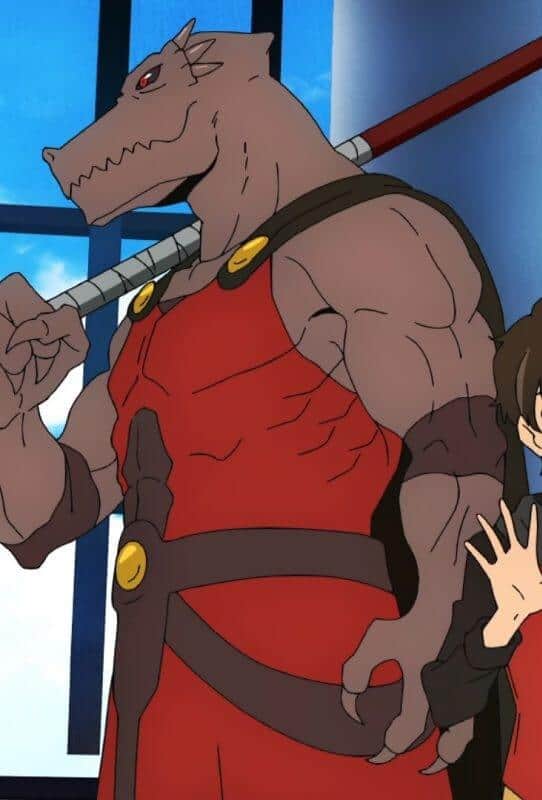 Rak personagem que parece um crocodilo, segurando uma lança e usando uma roupa vermelha