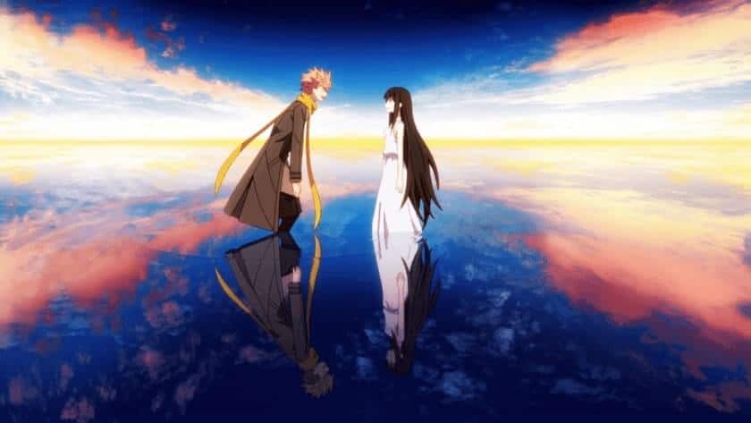 Cena finalde ID: Invaded, Sakiado olhando para Kaeru-Chan. Os dois em pé sobre uma água com um céu alaranjado ao fundo