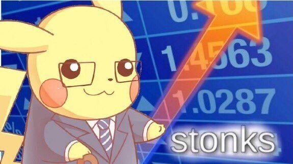 Meme do Stonks com Pikachu vestido de investidor