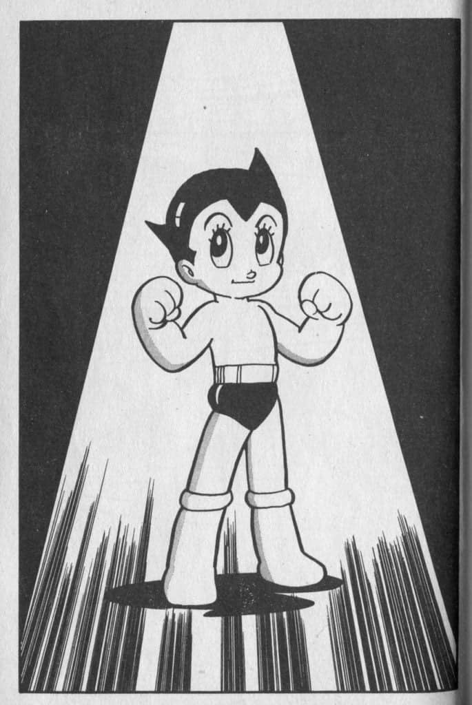 Astro Boy de Osamu Tezuka sendo iluminado por um feixe de luz, em preto e branco