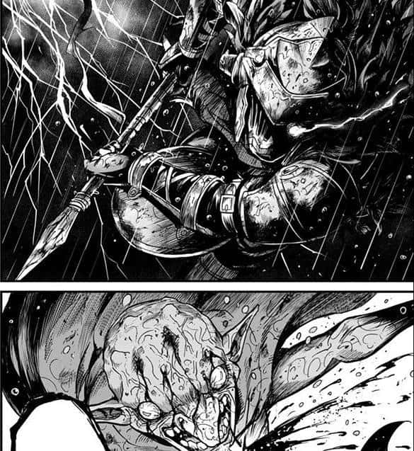 Imagem do Mangá de Goblin Slayer mostrando detalhes do protagonista lutando na chuva