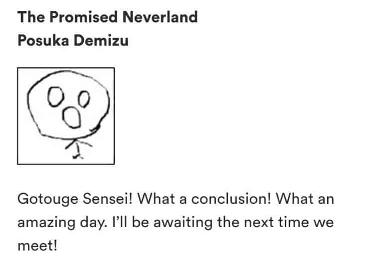 Posuka Demizu Promised Neverland mensagem para Gotouge de Demon Slayer