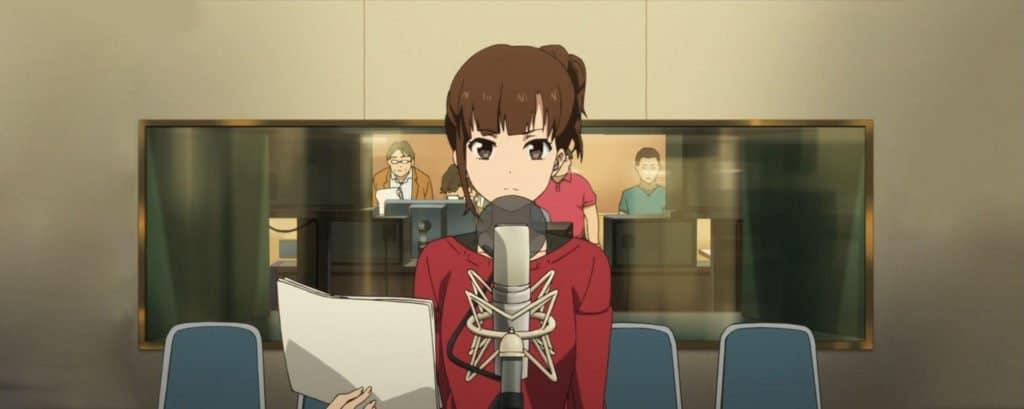 lista de animes dublados - personagem de shirobako fazendo um teste de dublagem em um estúdio