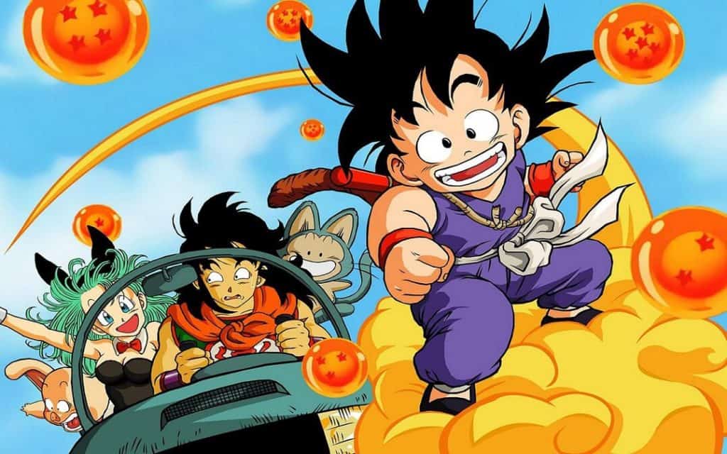 Dragon Ball anime famoso com goku em cima da nuvem voadora