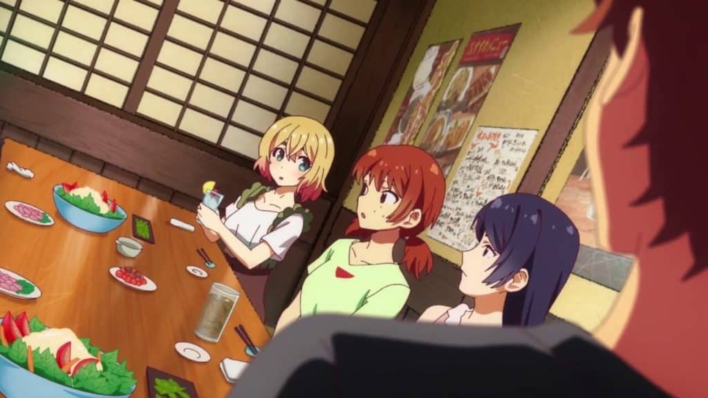 personagens do anime conversando na mesa de um restaurante