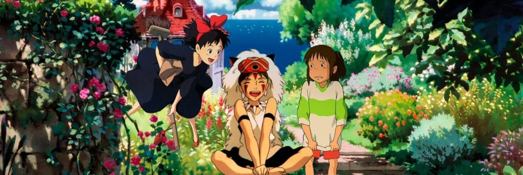 As protagonistas San, Chihiro Ogino e Kiki juntas. Todos dos filme do estúdio Ghibli
