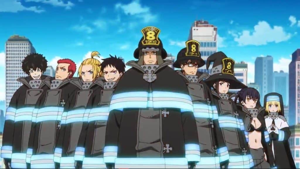 Imagem que mostra todos os 9 integrantes da brigado especial 8, do anime fire force segunda temporada