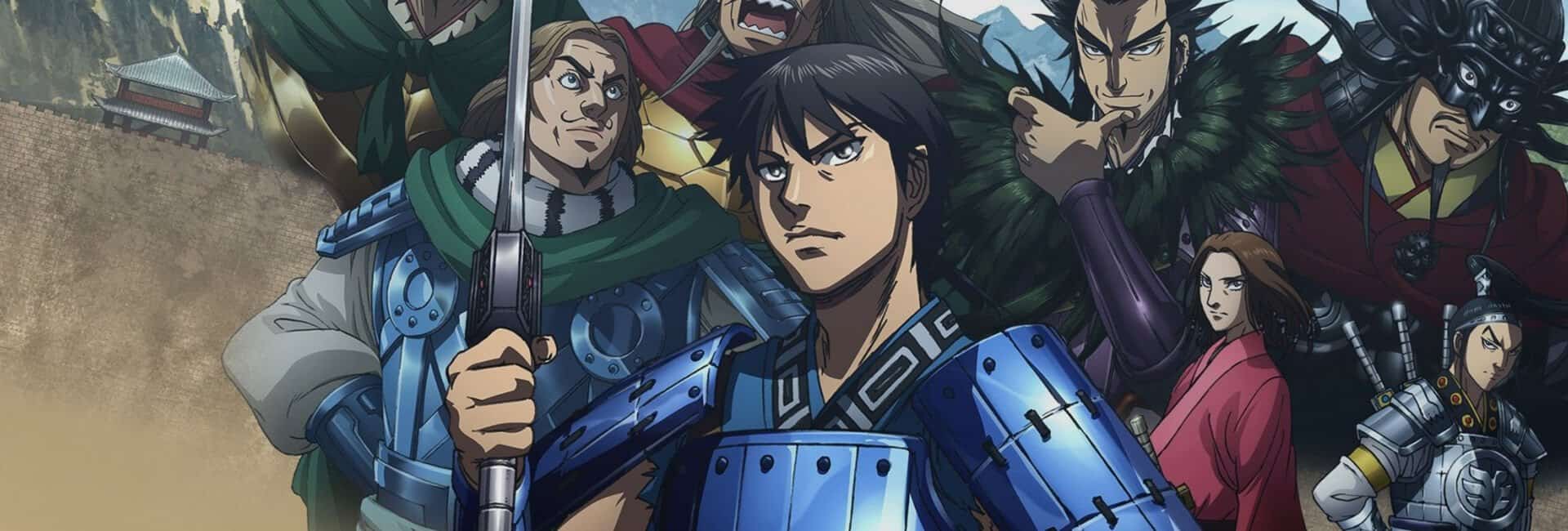 Personagens do anime kingdom na capa com armaduras e espadas