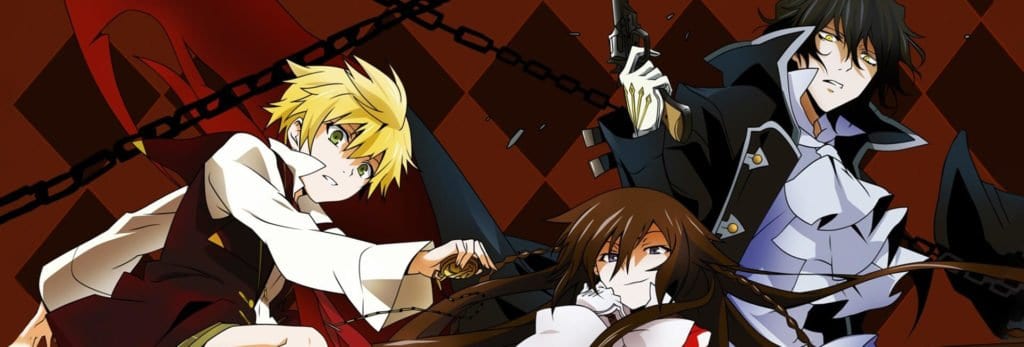capa pandora hearts com os 3 protagonistas um loiro uma mulher com tranças e cablo preto e um homem de cabelo preto