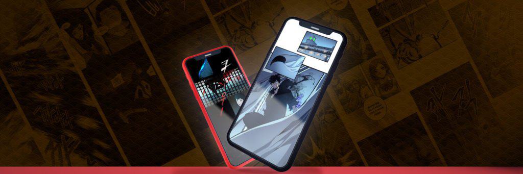grandes exemplode webtoons na tela de celulares, solo leveling e tower of god