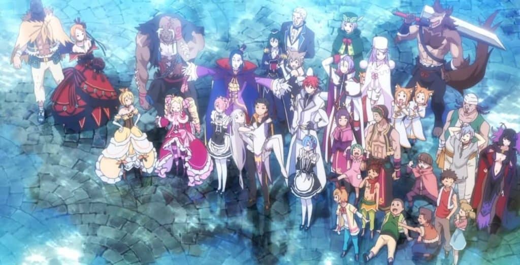 personagens de rezero reunidos em um fundo azul com Subaru segurando a Emilia