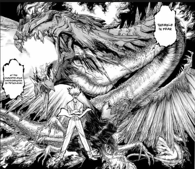 Um personagem vestido de jaleco a frente e um monstro que parece um dragão gigante ao fundo