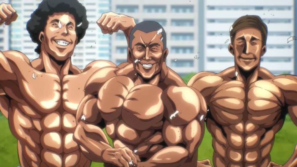 Três personagens bodybuilder um ao lado do outro exibindo seus músculos logo aós rasgarem suas regatas com a força da contração dos músculos em The god of high school