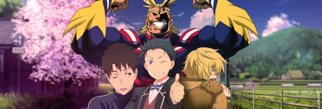 cupulacast bons protagonistas onde aparece Haiji do anime kaze ga tsuyoku fuiteiru na esquerda; Natsuki Subaru de Rezero ao meio; Thorfinn de Vinland Saga na direita atrás do Subaru e All Might de Bobu no Hero Academia ao fundo sorrindo