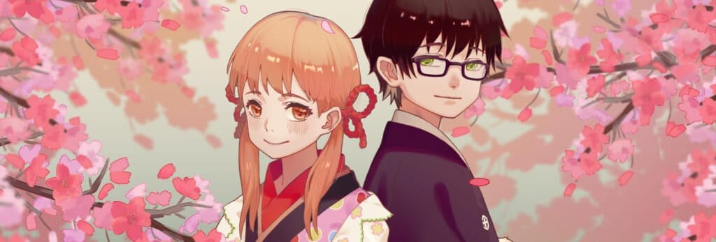 capa com os protagonistas de sangatsu no lion cercados por cerejeiras