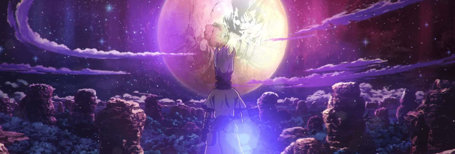 na imagem senku protagonista da história de Dr.Stone olha a lua em um deu estrelado, no reflexo dela tem um desenho do trigun por boichi