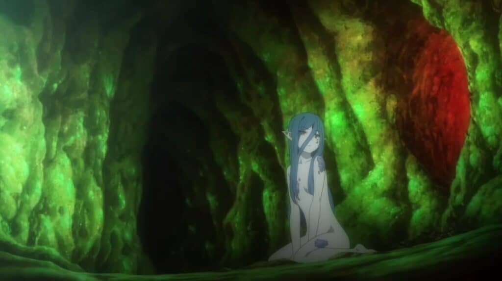 menina em caverna verde na terceira temporada de dungeon ni deai