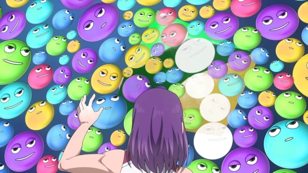 protagonista de iwa kakeru com várias bolinhas coloridas em sua frente