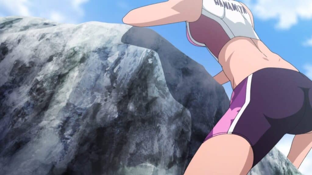 personagem de iwa kakeru subindo a rocha com bumbum em destaque