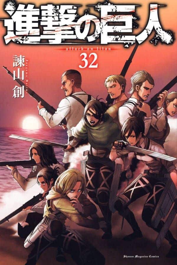 Personagens de Attack on Titan reunidos na capa do Volume 32