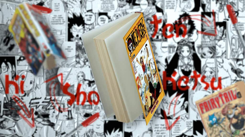 Mangá de one piece com fundo com páginas de animes