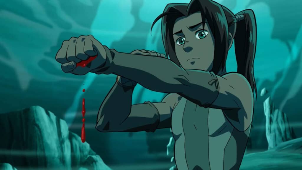 Izel, protagonista de Onyx Equinox com o punho para frente sangrando