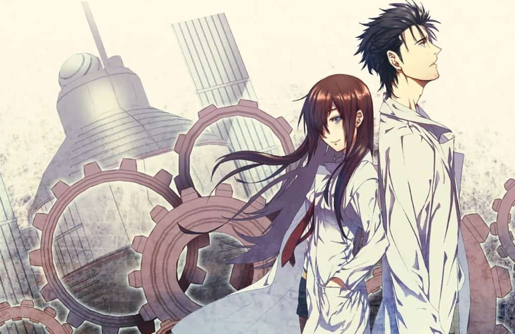 Personagens de Steins Gate a frente com umas engrangens ao seu lado, animes dublados