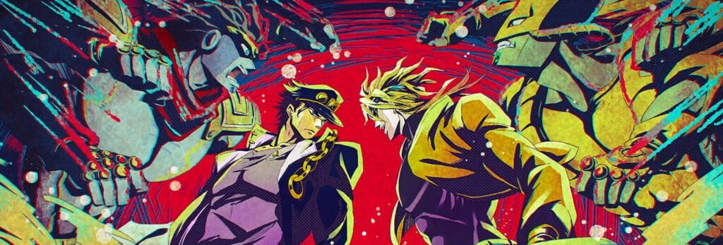 jojo e dio se encarando prestes a lutar com suas instâncias em jojo bizarre adventure