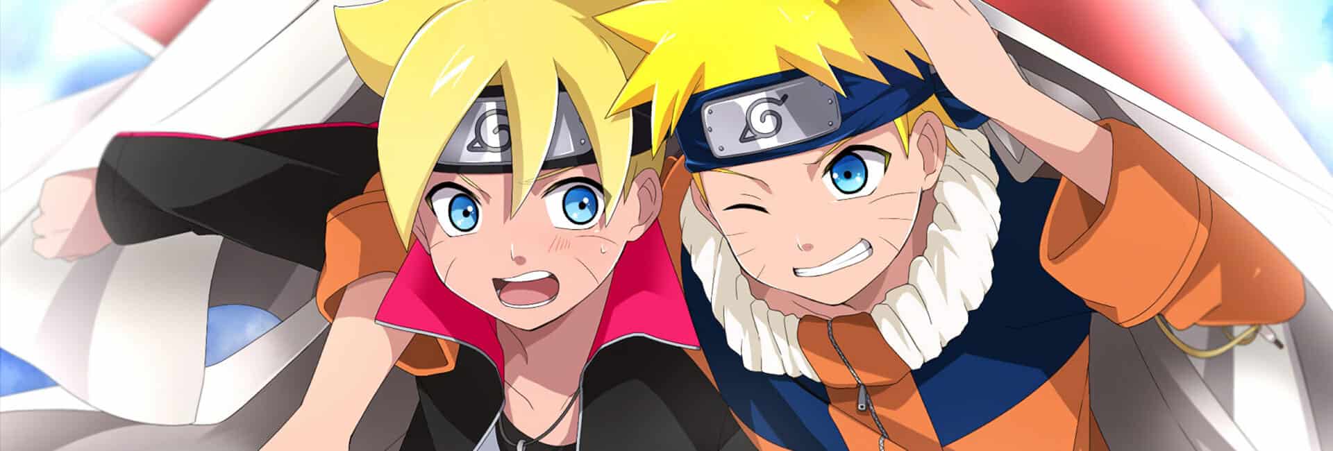 Naruto e Boruto crianças aparecem na imagem com seus olhos expressivos, grandes no estilo de arte japonesa