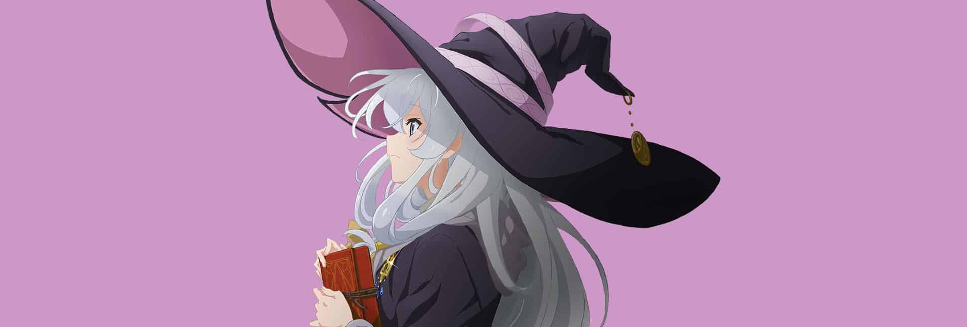capa que mostra Elaina a protagonista de Majou no tabitabi com um chapéu gigante com laços rosas e pontudo, ela segura um livro e está olhando para o horizonte