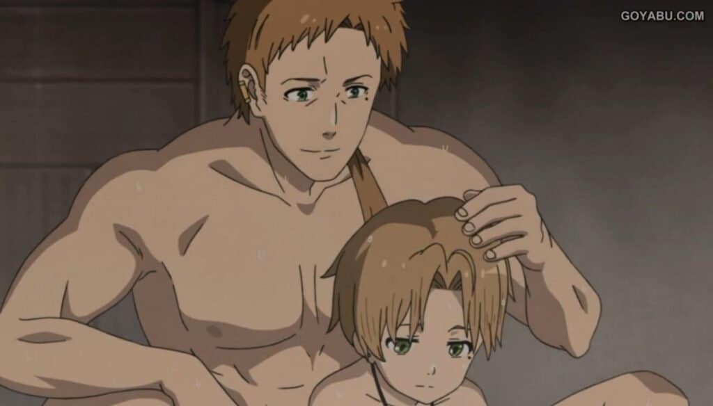 Rudeus e seu pai na banheira conversando Mushoku Tensei