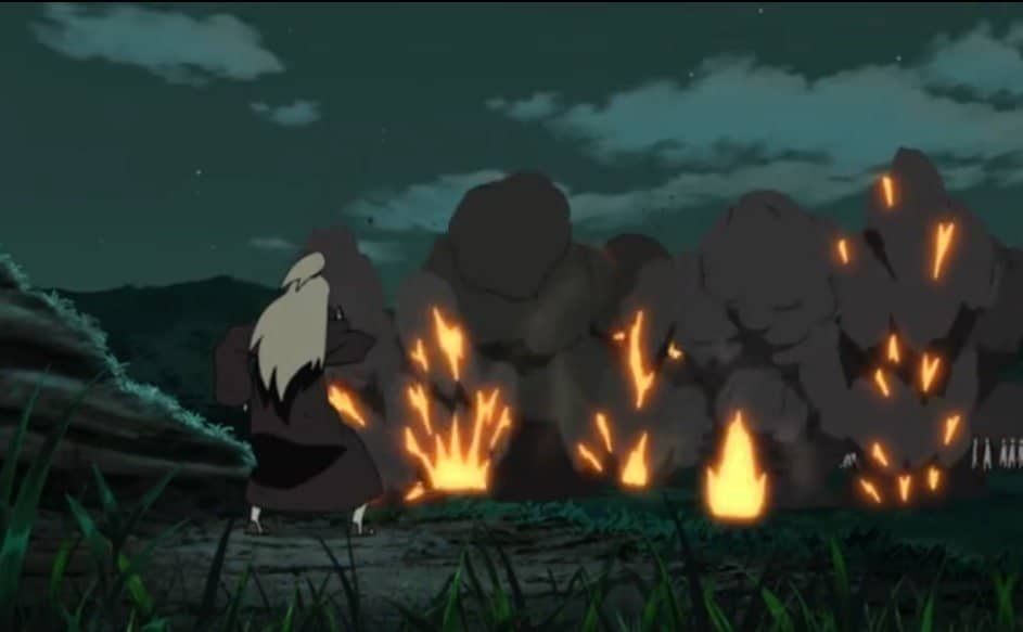 deidara em meio a varias explosoes em episodio filler de naruto shippuden