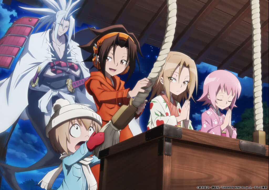 Shaman King 2021 - Yoh, Manta, Amidamaru, Anna e Tamao juntos num templo