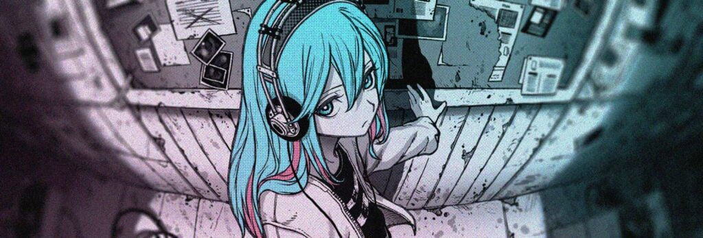 menina de cabelo azul com mechas rosas ouvindo podcast em um corredor