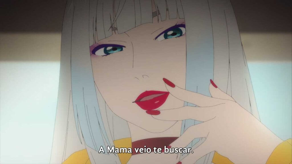 Umeko, mãe de Setsu, cabelo branco bem maquiada usando batons e unhas em cor vermelho intenso